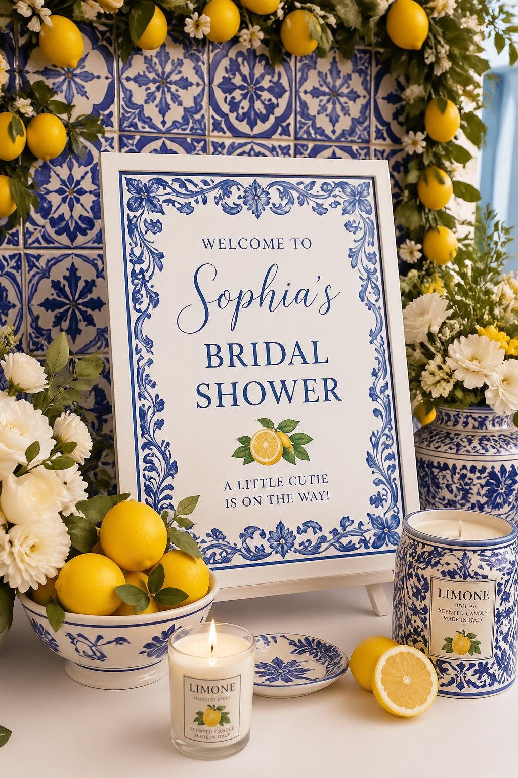 A bridal shower setup with blue and white patterned tiles and lemon-themed decorations including fresh lemons and flowers.