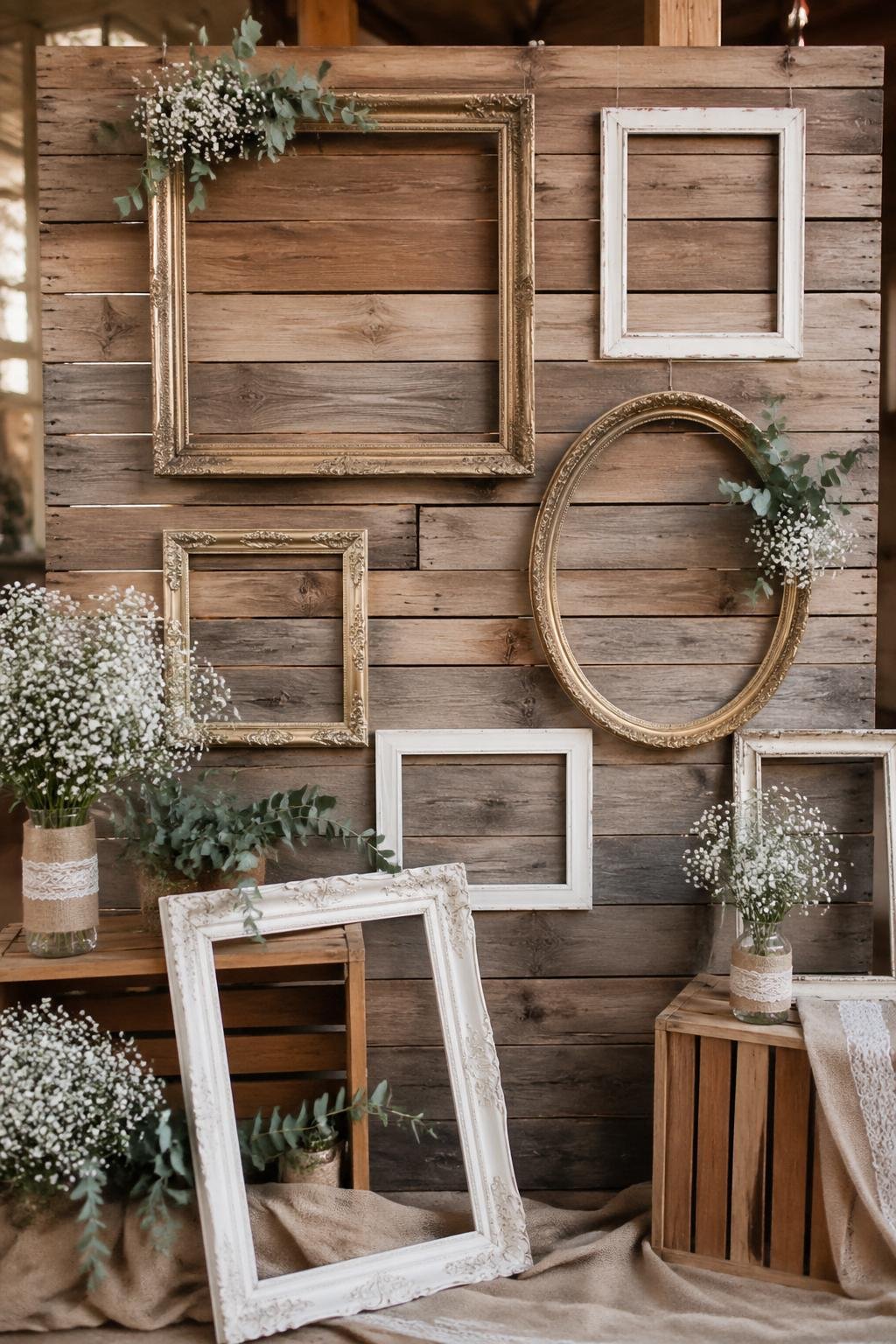 A wooden backdrop decorated with vintage picture frames and greenery, arranged for a bridal shower photo booth.