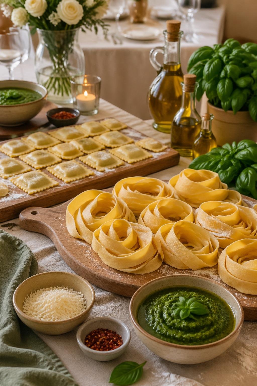 A homemade pasta station with fresh pappardelle, ravioli, and bowls of basil pesto arranged on a table for a bridal shower.