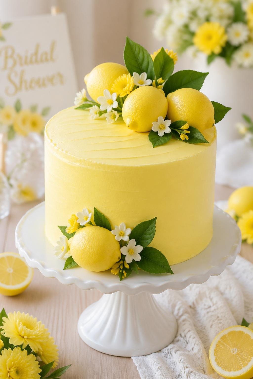 A yellow buttercream bridal shower cake decorated with sugar lemons and green leaves on a white cake stand with lemon-themed decorations in the background.