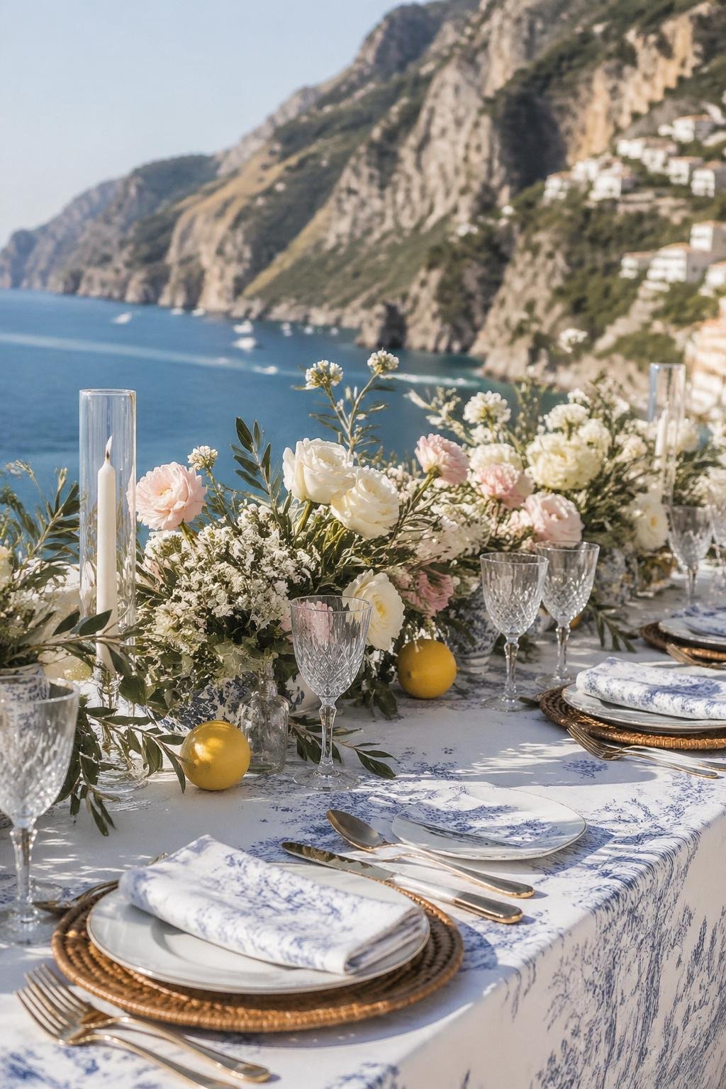 An outdoor bridal shower table decorated with olive branches and floral arrangements overlooking the Mediterranean coastline.