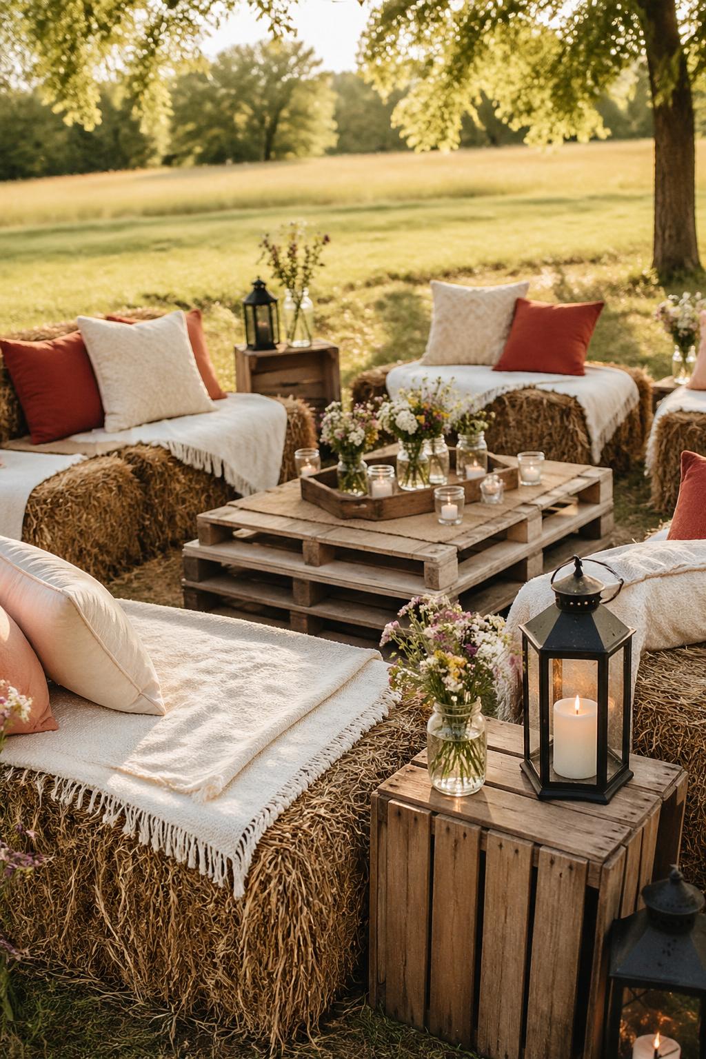 Outdoor lounge area with hay bales covered in blankets and cushions arranged around a low wooden table in a grassy field.