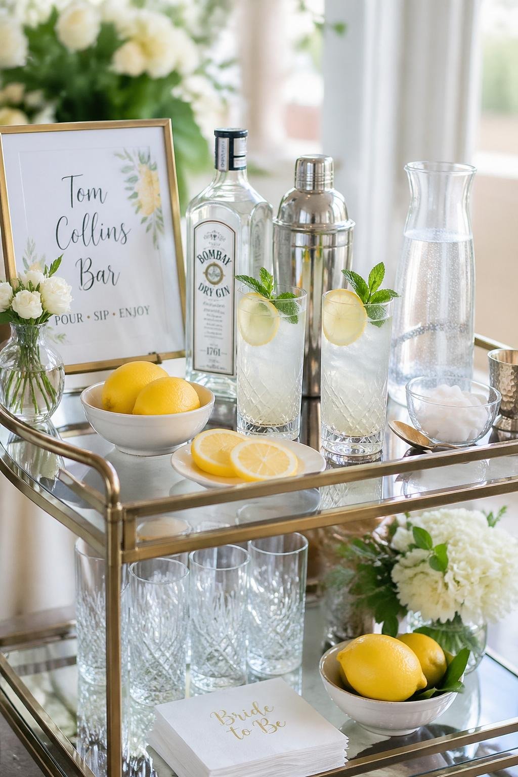 A bar cart with ingredients and tools for making Tom Collins cocktails, including lemons, gin, glasses, and a cocktail shaker.