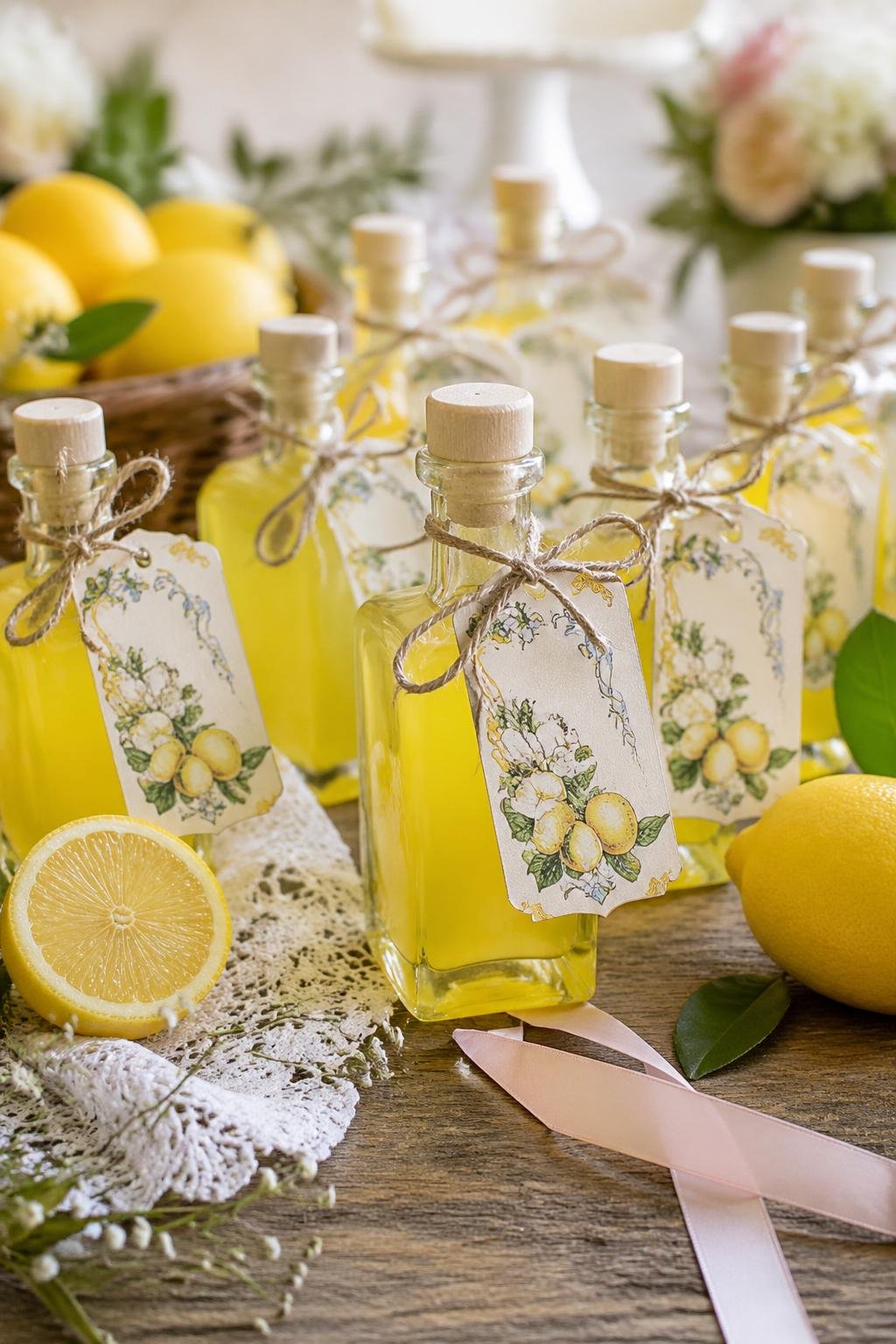 Small limoncello bottles with decorative tags arranged on a wooden table with lemons and greenery, set for a bridal shower.