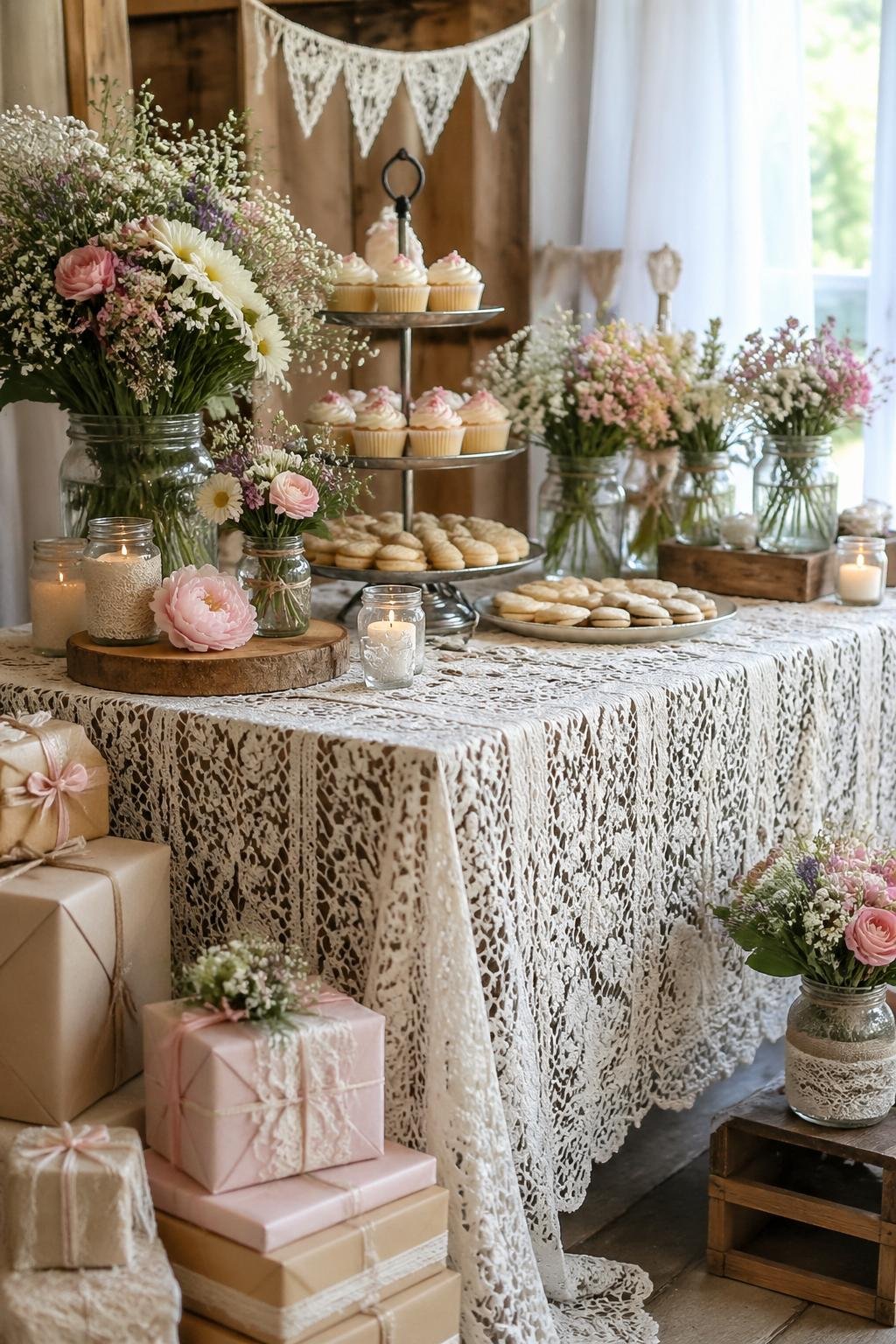 A table covered with a vintage lace tablecloth decorated with flowers, desserts, and gifts for a bridal shower.