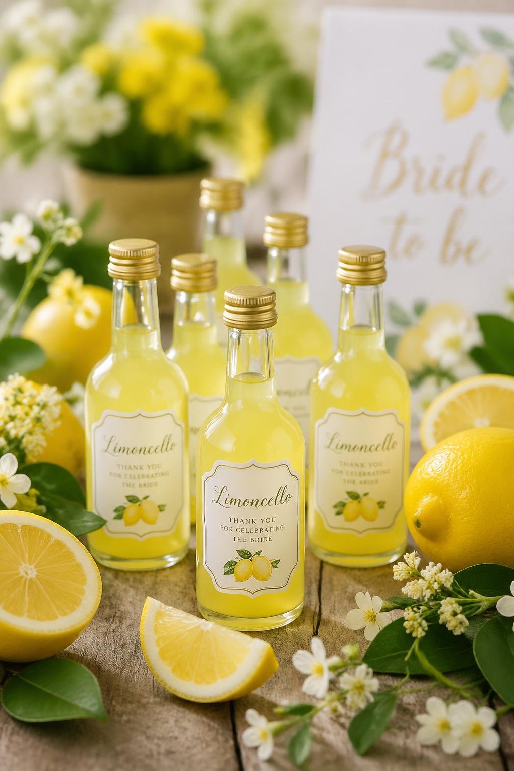 A collection of small limoncello mini bottles surrounded by fresh lemons, lemon slices, and green leaves on a wooden table.
