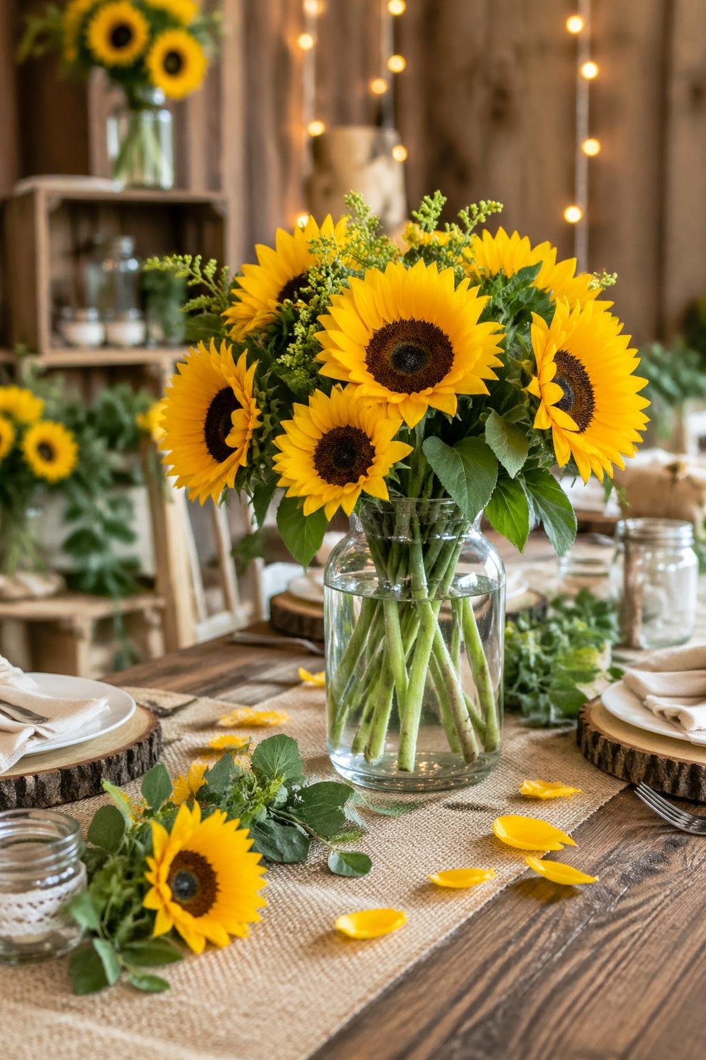 Sunflower centerpieces in clear glass vases on a wooden table with rustic decor in the background.