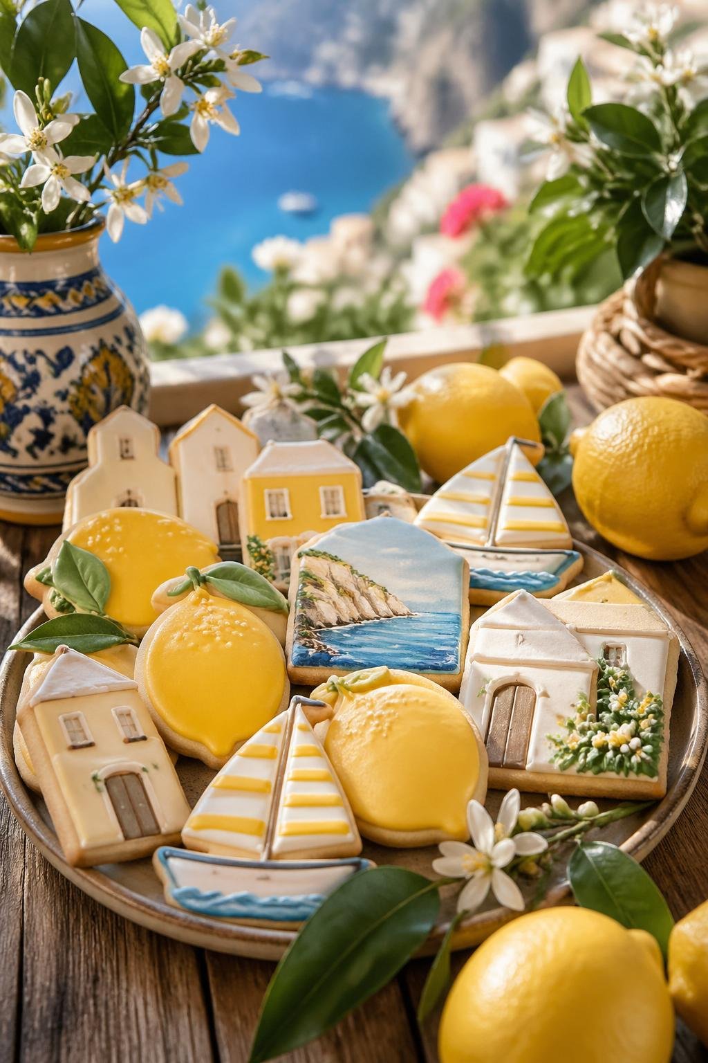 A variety of lemon-shaped and Amalfi Coast-themed sugar cookies arranged on a wooden table with fresh lemons and greenery.
