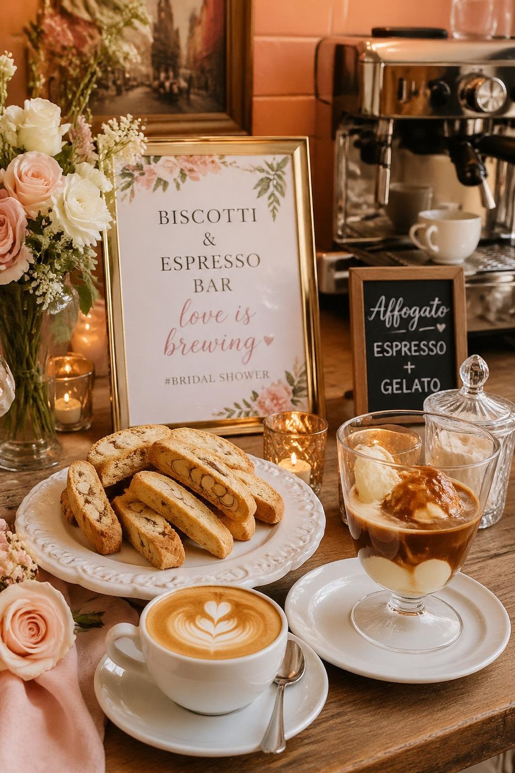 A table with Italian biscotti, a cappuccino, and an affogato surrounded by bridal shower decorations.