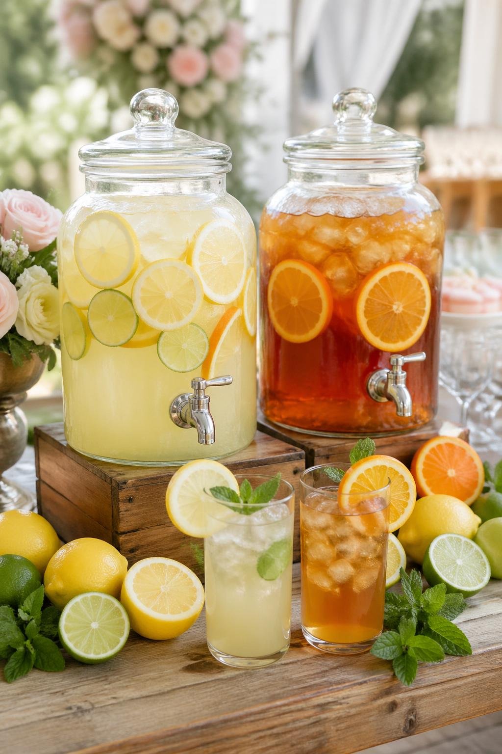 Two drink dispensers filled with lemonade and iced tea, garnished with citrus slices, surrounded by fresh citrus fruits and glasses on a wooden table.