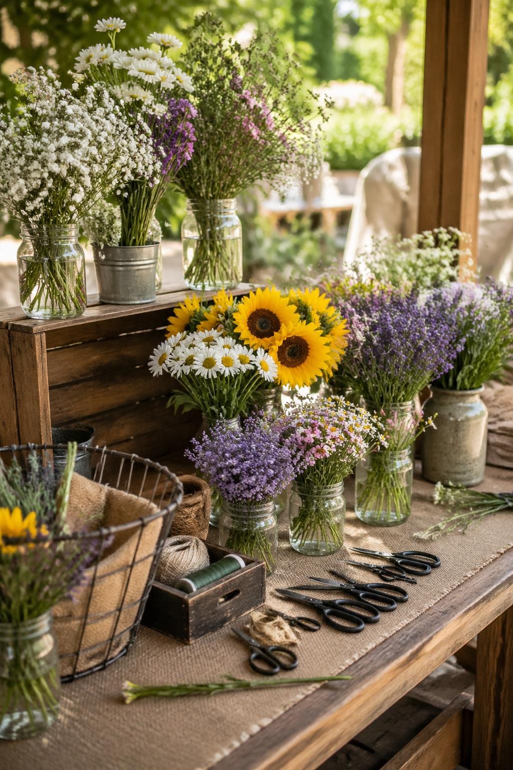 A wooden table with jars of colorful wildflowers and floral arranging supplies set outdoors for guests to make their own bouquets.