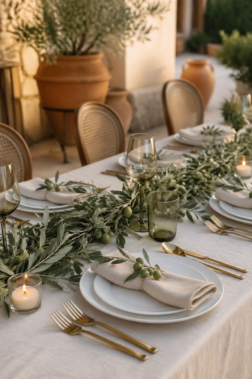 A table set with linen napkins, gold flatware, white plates, and olive branch decorations.