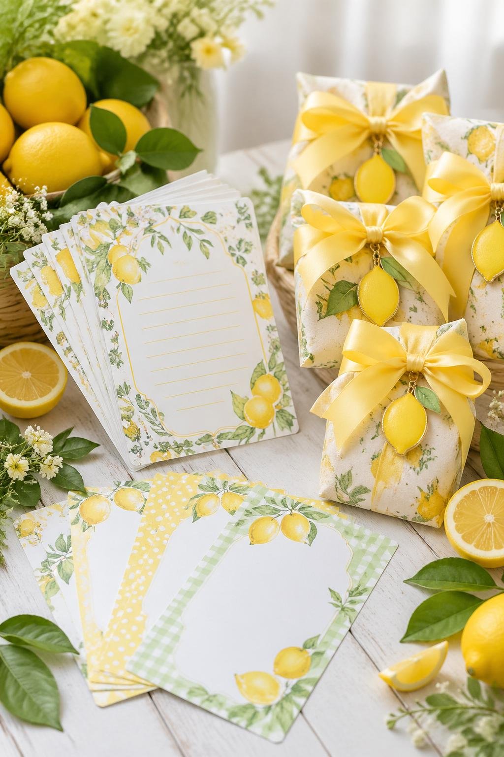 A table displaying lemon-themed bridal shower game cards and wrapped prize bundles decorated with fresh lemons and green leaves.