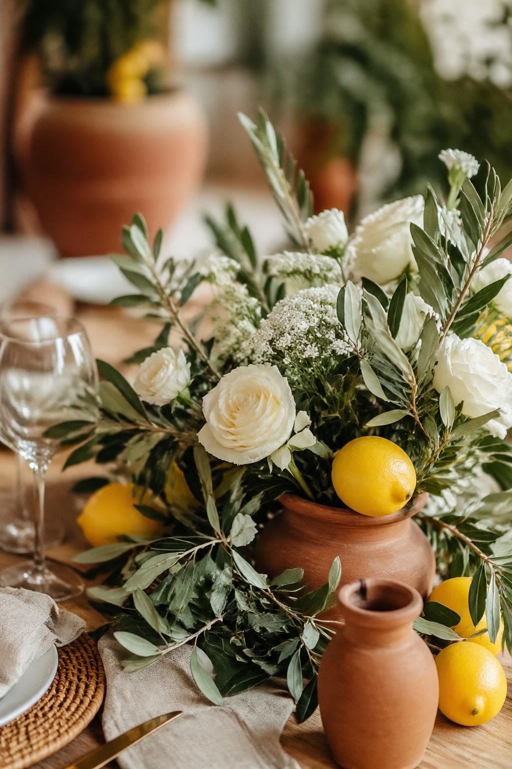 A rustic wooden table with a centerpiece made of olive branches, lemons, and white roses.