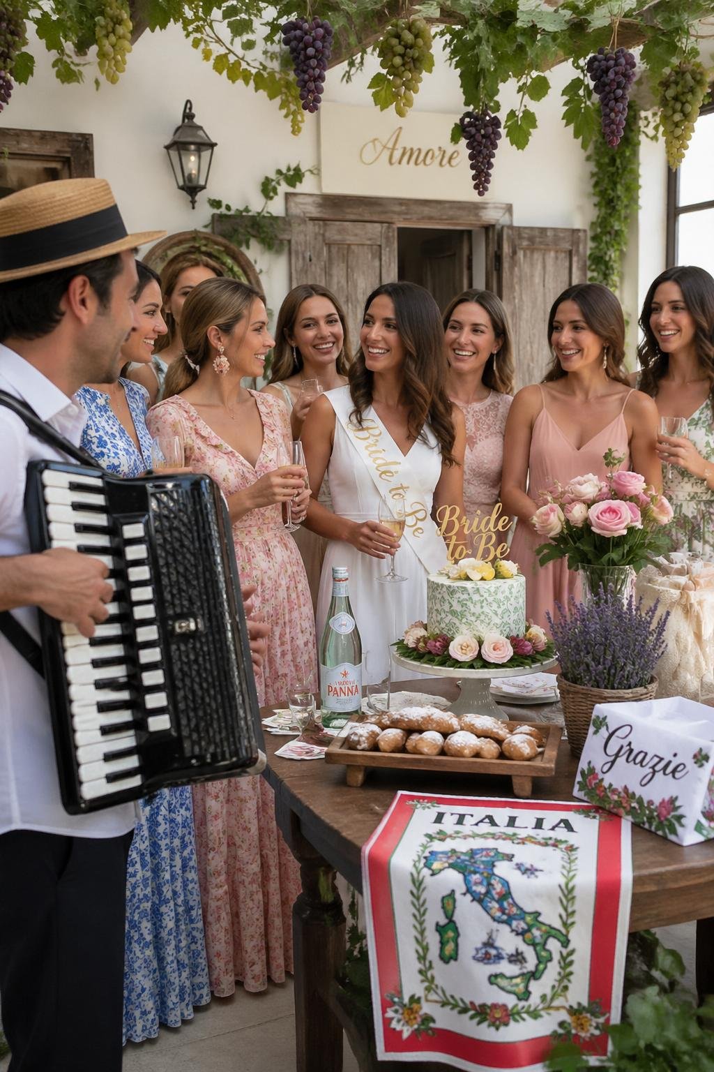 A group of women enjoying a bridal shower with an accordion player performing live music in a room decorated with Italian-themed decorations.
