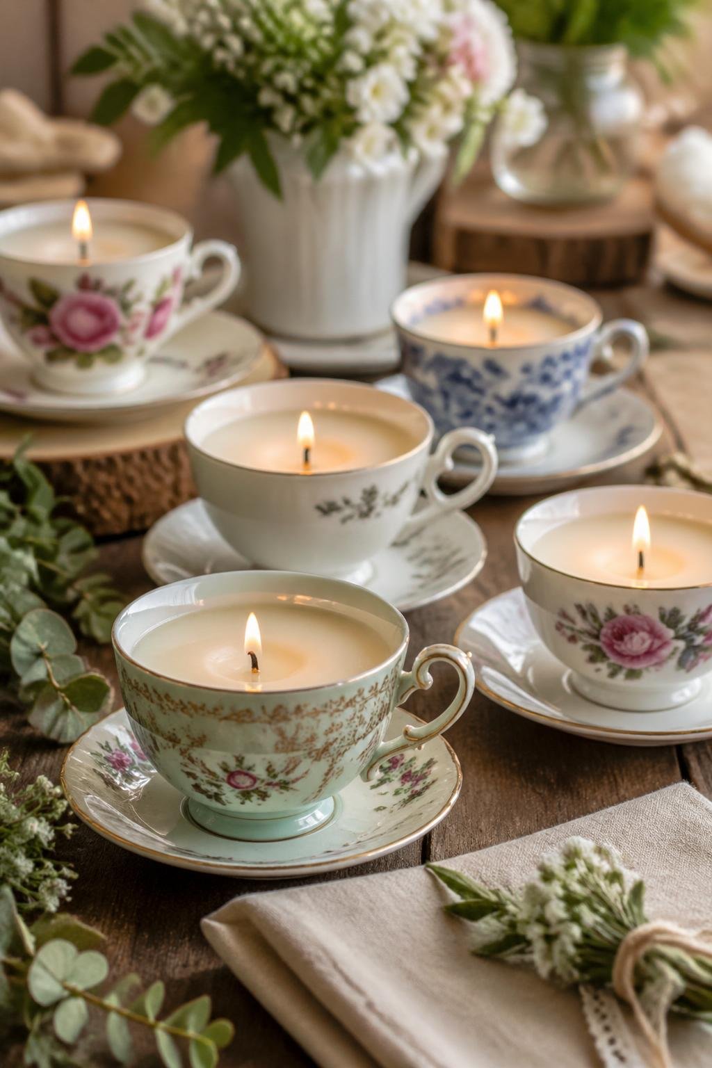 A wooden table with vintage teacups holding lit candles, surrounded by greenery and flowers as bridal shower decorations.