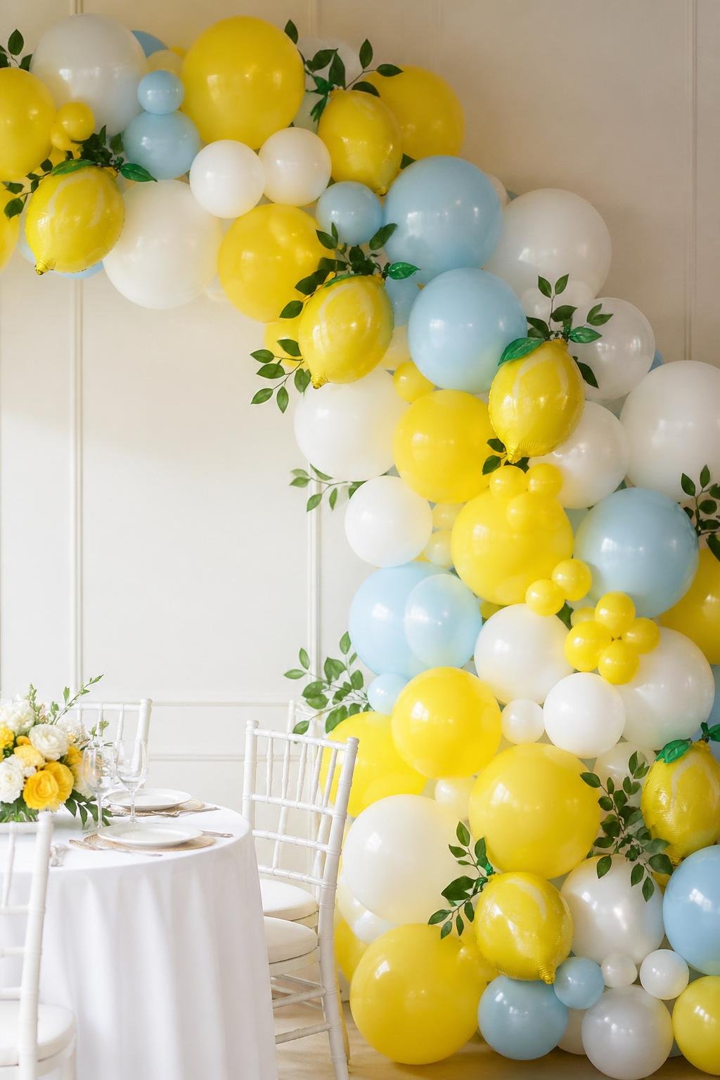 A colorful balloon garland with yellow, white, and blue balloons and lemon-shaped decorations hanging against a plain background.