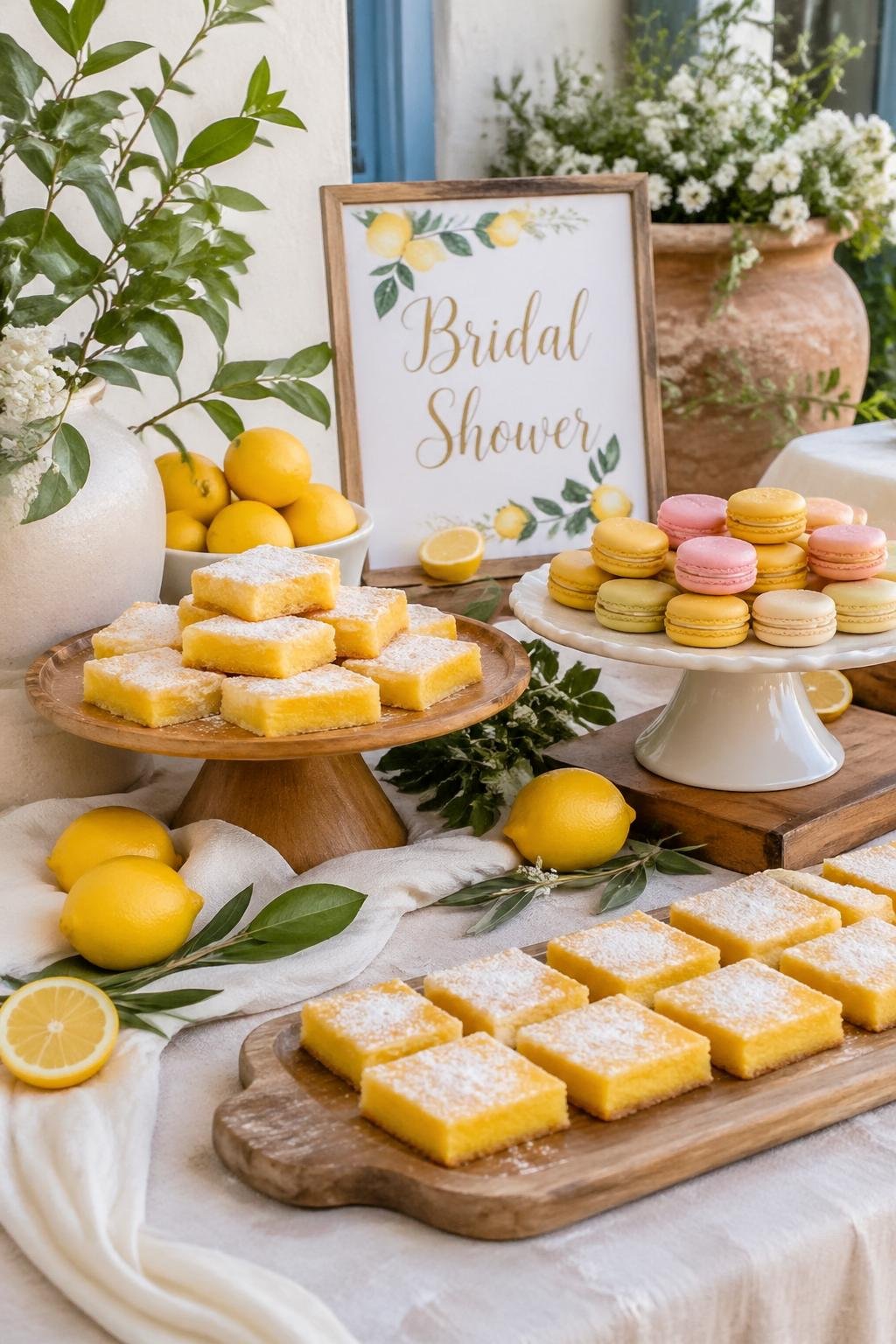 A dessert table with lemon bars, pastel macarons, fresh lemons, and greenery arranged for a bridal shower.