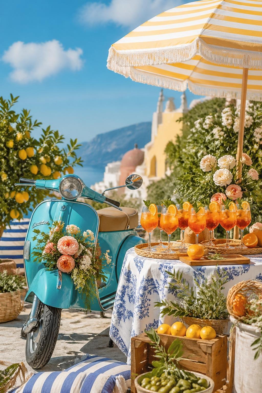 A photo booth setup with a turquoise Vespa scooter, Aperol Spritz drinks, and Italian seaside themed props including lemons and beach umbrellas.