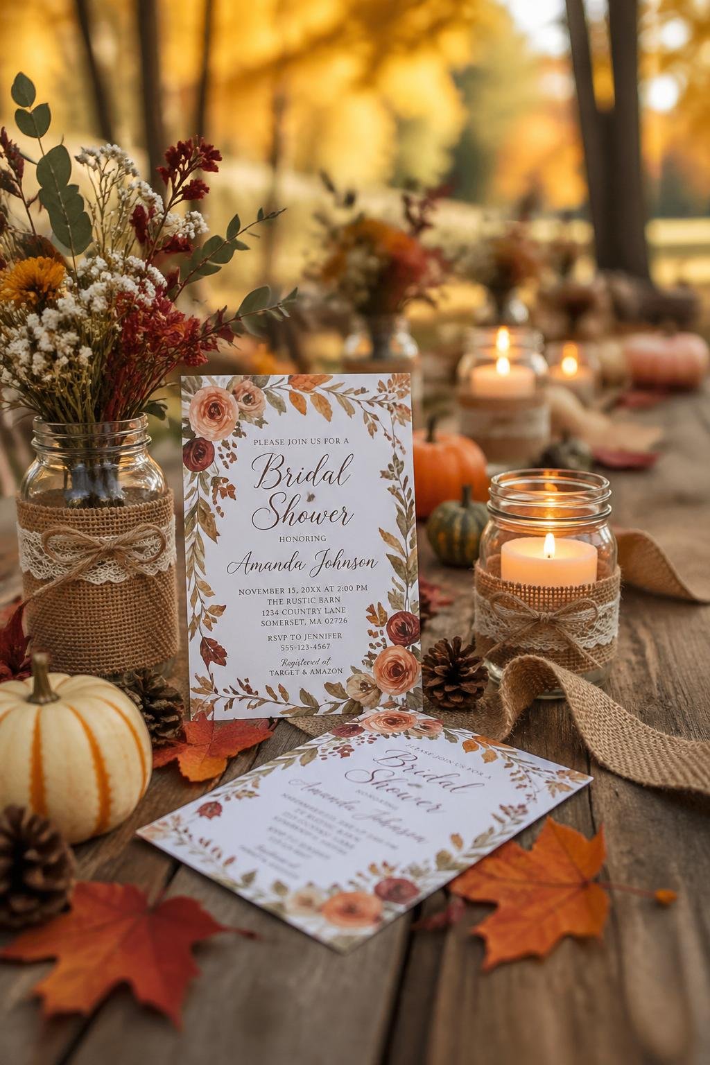 A wooden table decorated with autumn leaves, pumpkins, pinecones, floral invitations, and candles set outdoors with autumn trees in the background.