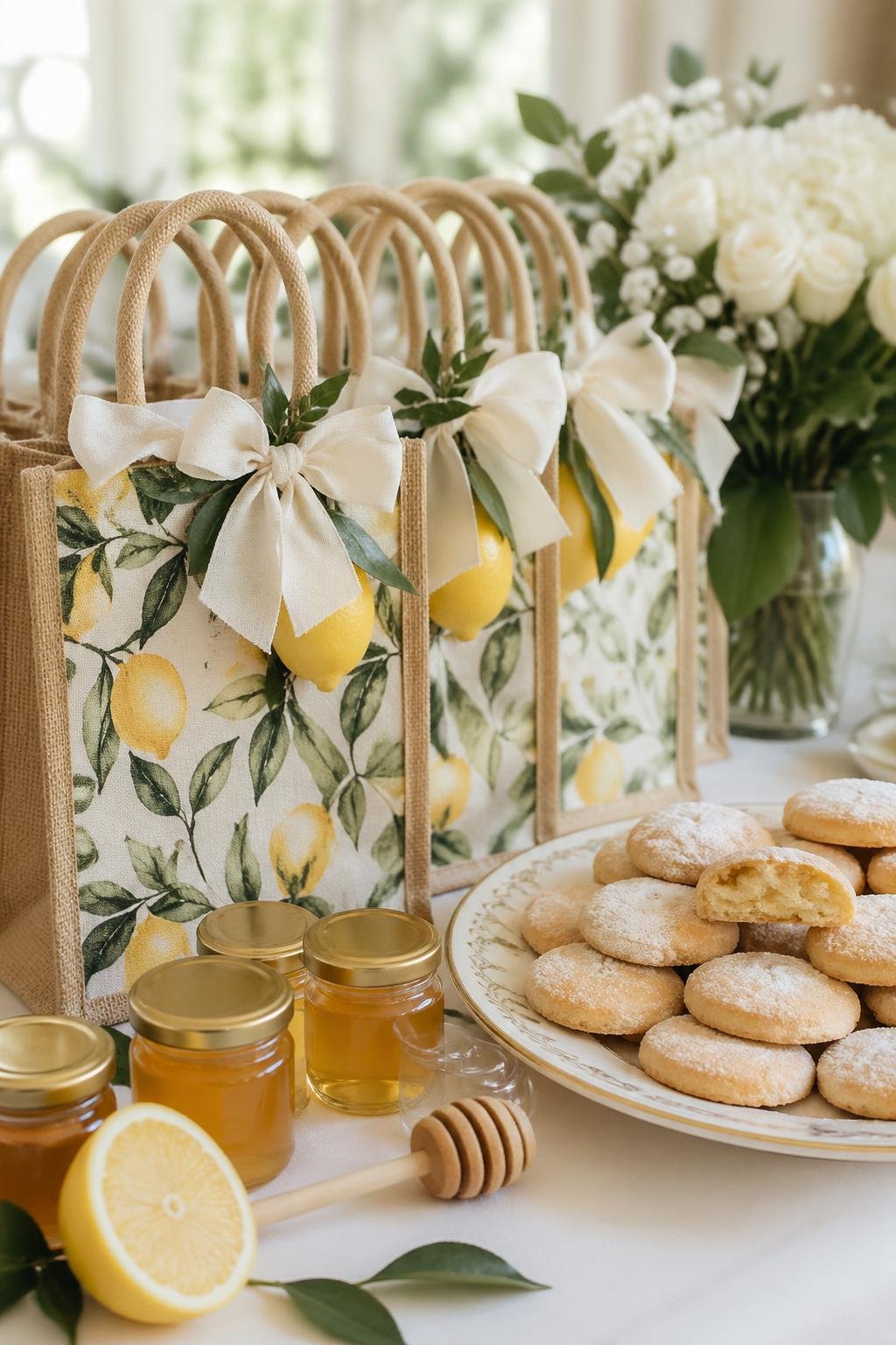 Welcome bags decorated with lemon leaf patterns alongside Amalfi cookies and small jars of honey arranged on a table with greenery and white flowers.