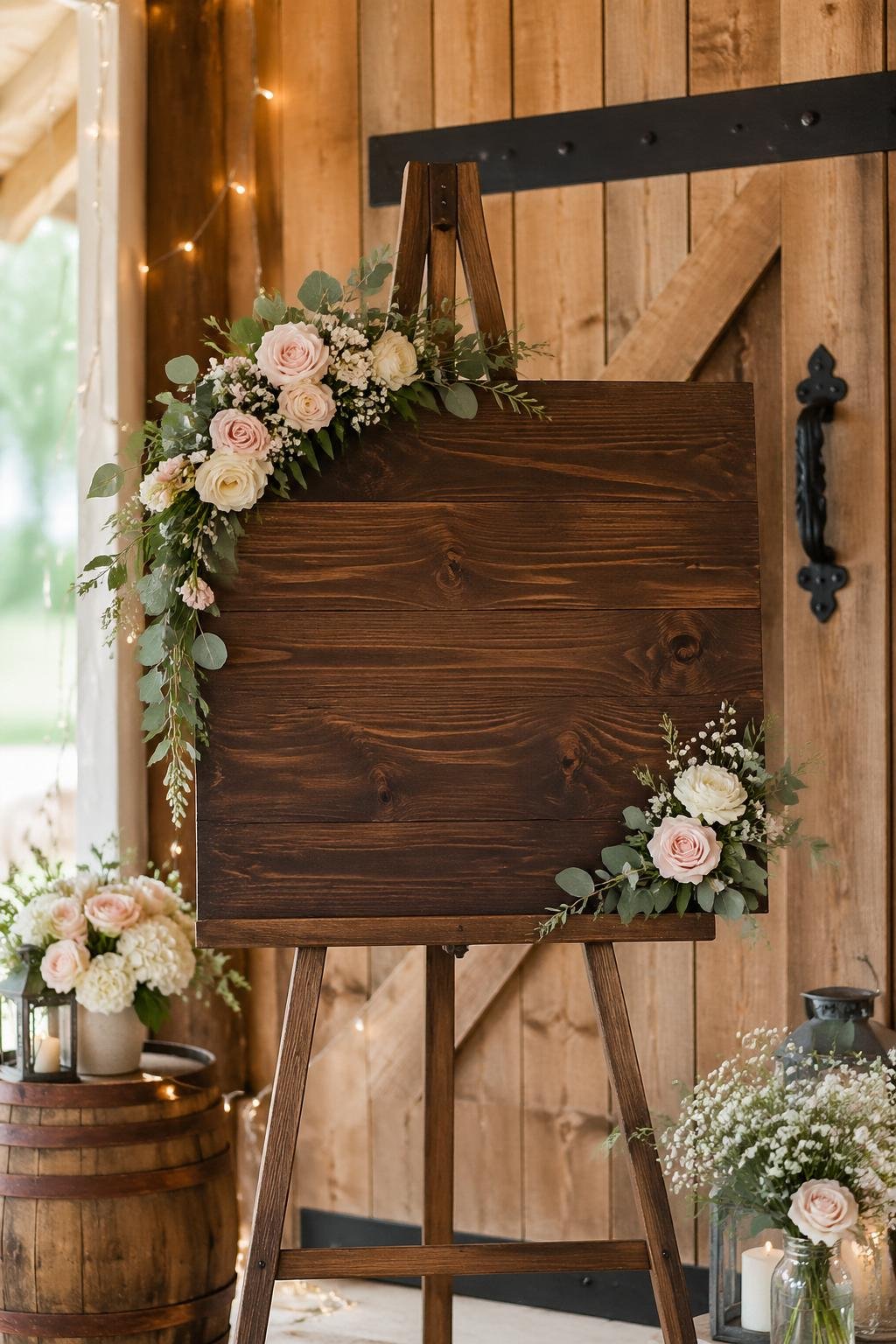 A dark wood welcome sign displayed at a barn entrance decorated with flowers and greenery.