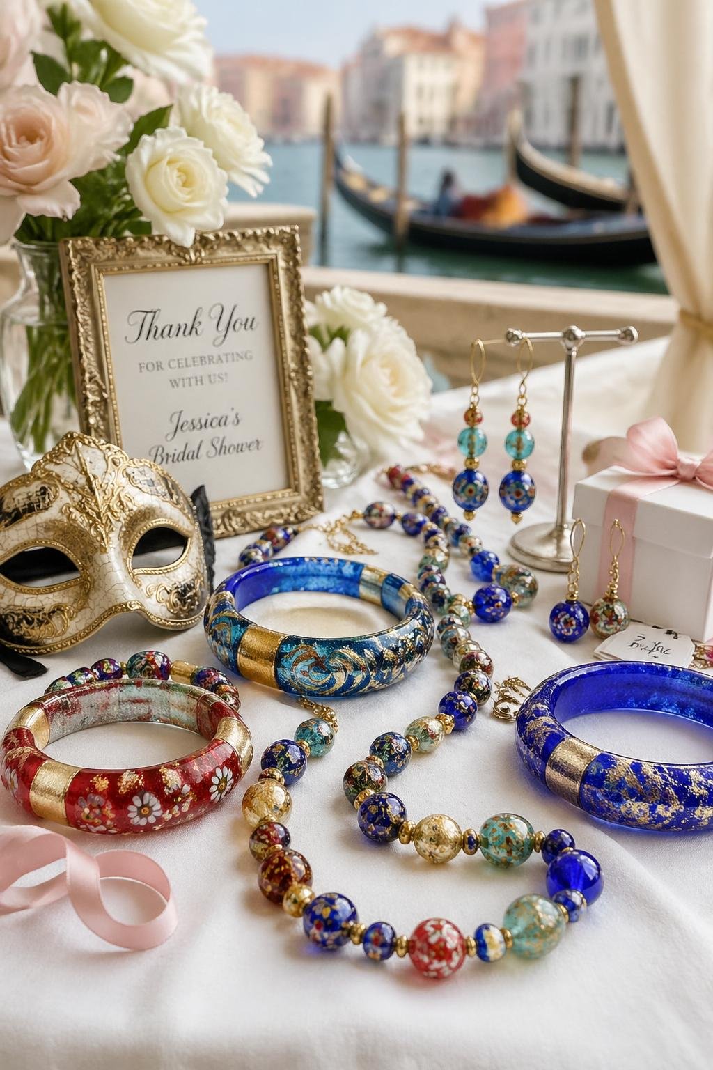An arrangement of colorful Murano glass jewelry displayed with flowers and ribbons on a white surface.