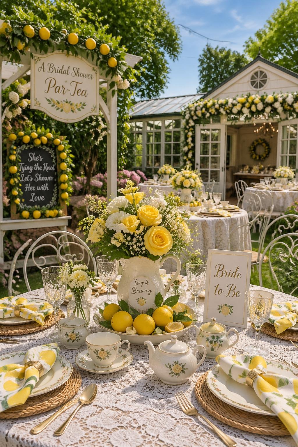 An outdoor garden tea room decorated with lemon-themed centerpieces and spring flowers for a bridal shower.