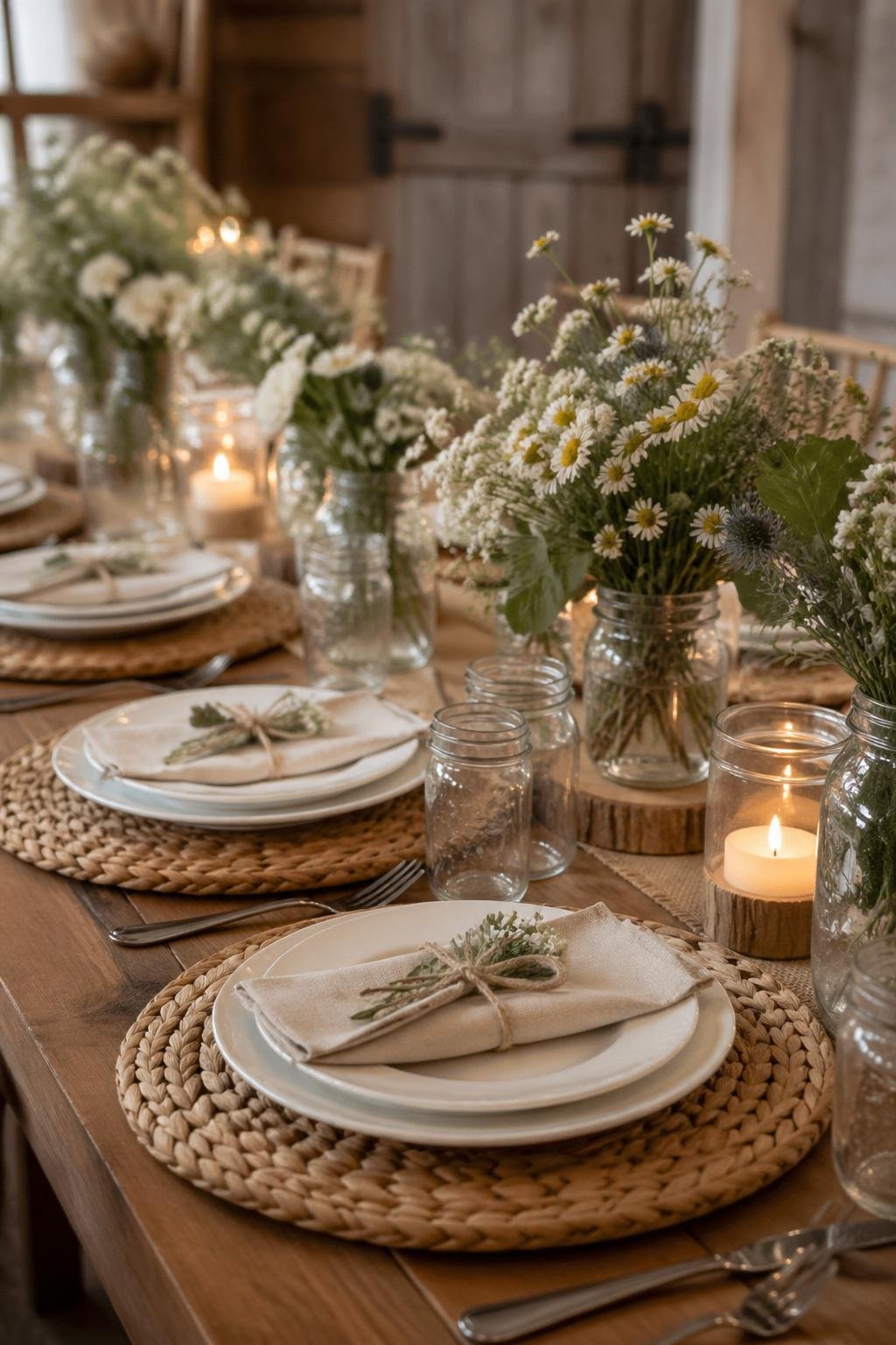 A farmhouse table set with woven charger plates, white dinner plates, linen napkins, mason jars with flowers, and candles.