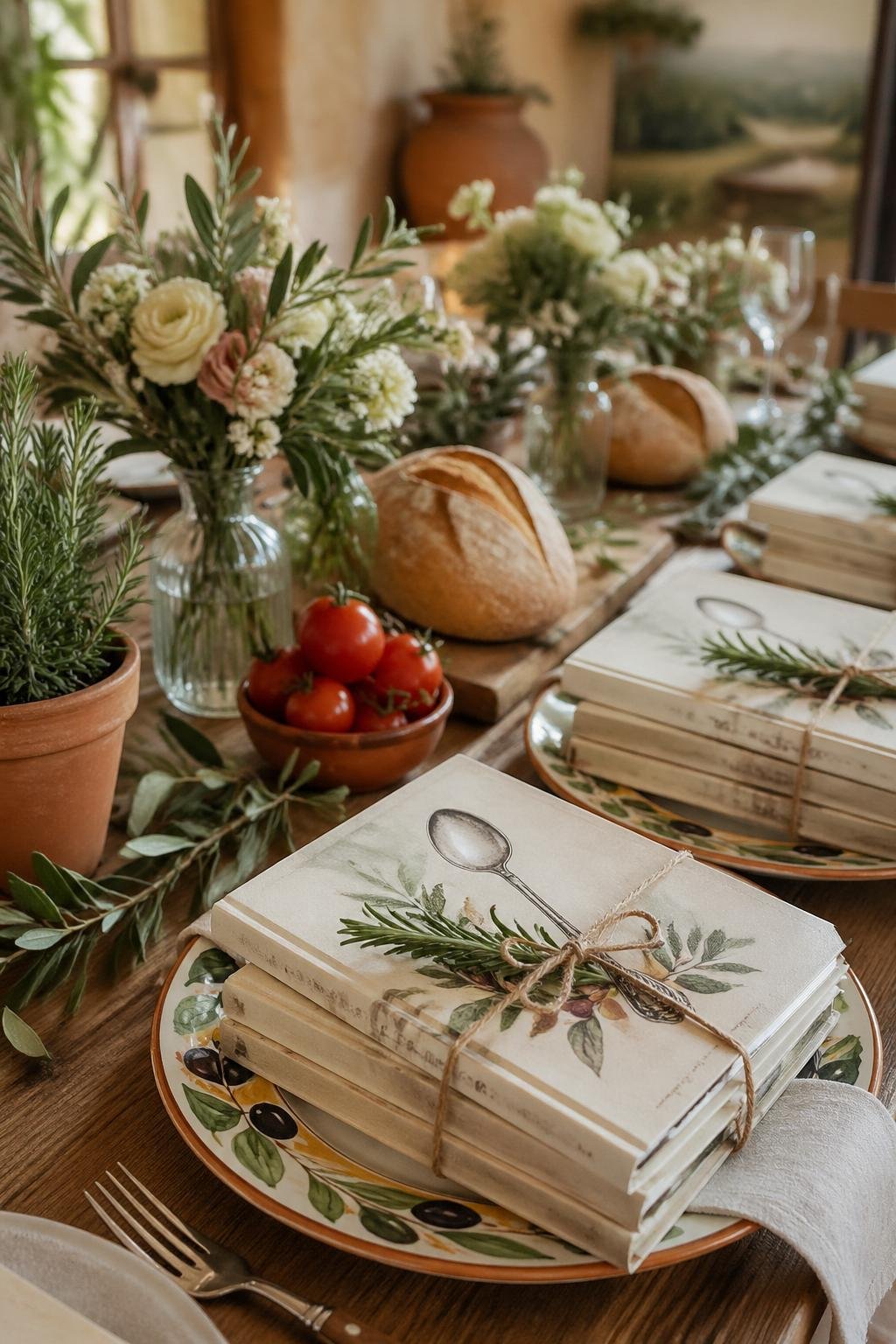 A bridal shower table set with cookbook favors, olive branches, herbs, flowers, and Italian-themed decorative items.