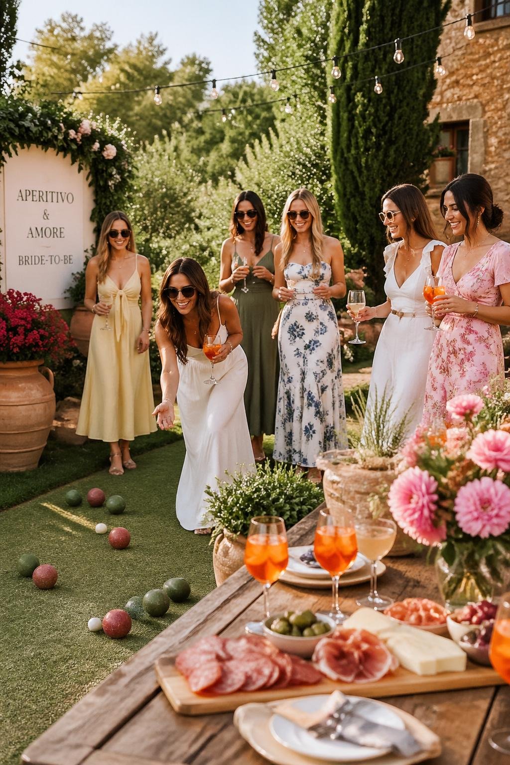 Women playing bocce on a lawn next to a table with Italian appetizers and drinks during a bridal shower outdoors.