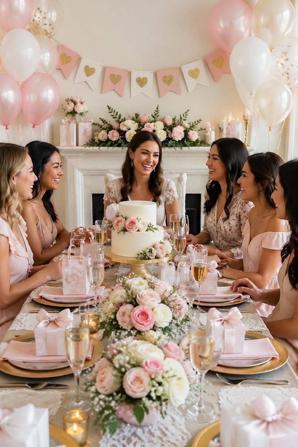 A group of women celebrating a bridal shower around a decorated table with flowers, balloons, and a cake.