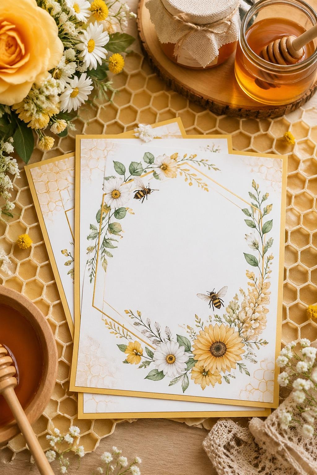 A set of bee-themed bridal shower invitations displayed on a honeycomb-patterned background with flowers and honey jars around them.