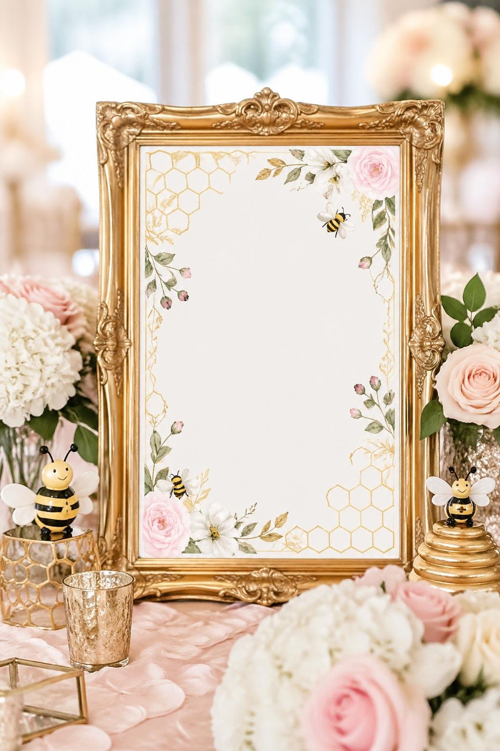 A gold frame surrounded by pastel flowers and bee-themed decorations on a bridal shower table.