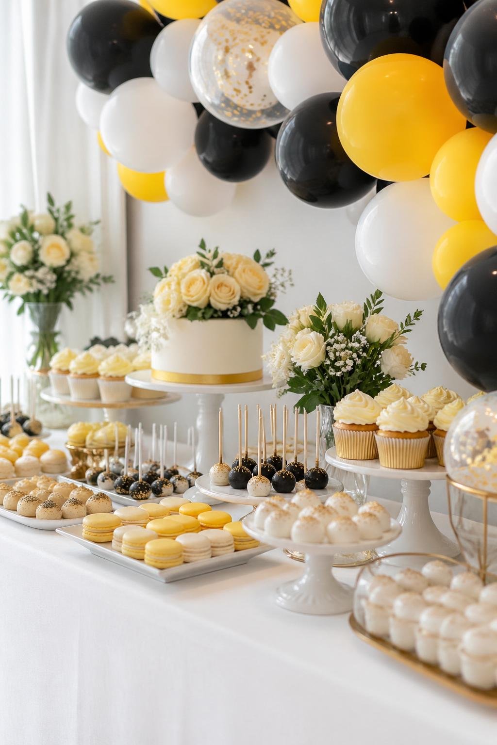 A dessert table decorated with yellow, black, and white balloons and an assortment of desserts for a bridal shower.