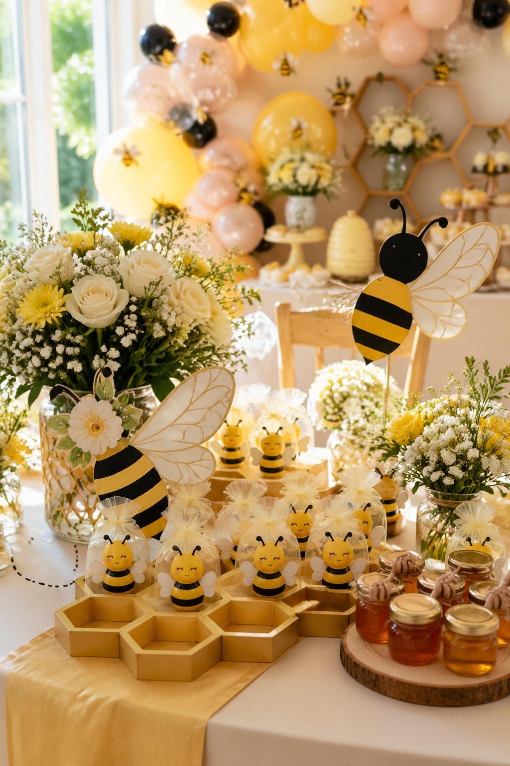 A bridal shower table decorated with honey bee cutouts, honey jars, flowers, and balloons in yellow and black colors.