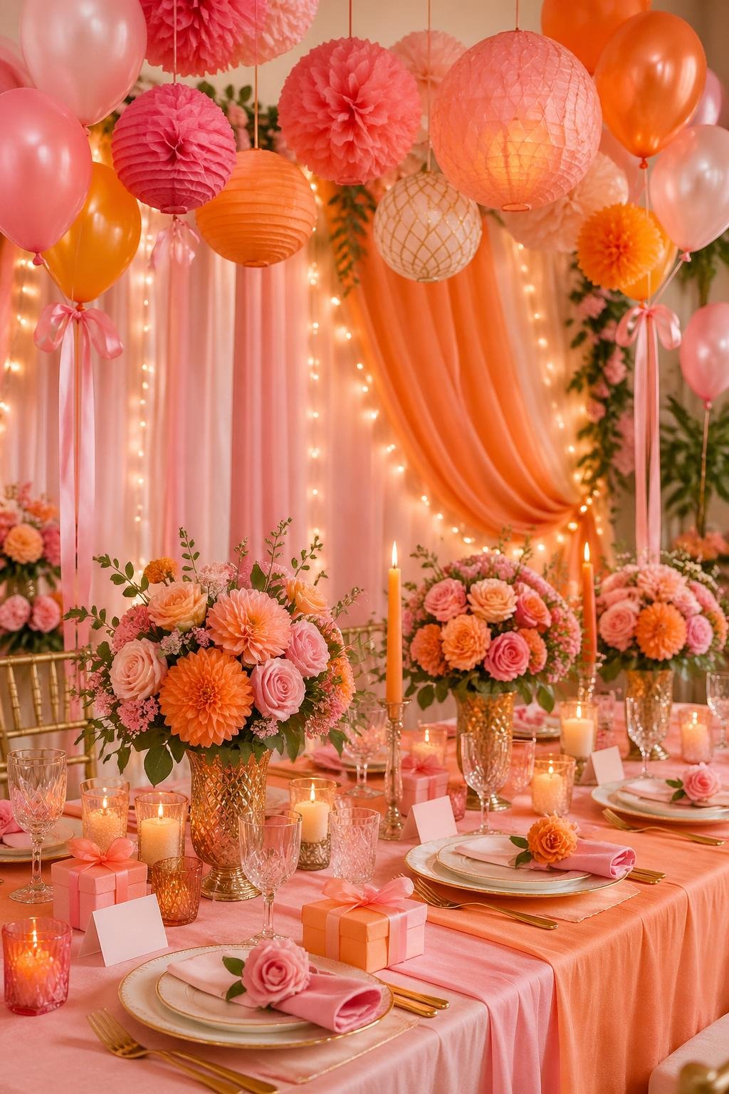 A bridal shower setup with pink and orange flowers, balloons, table decorations, and a fabric backdrop with lights.