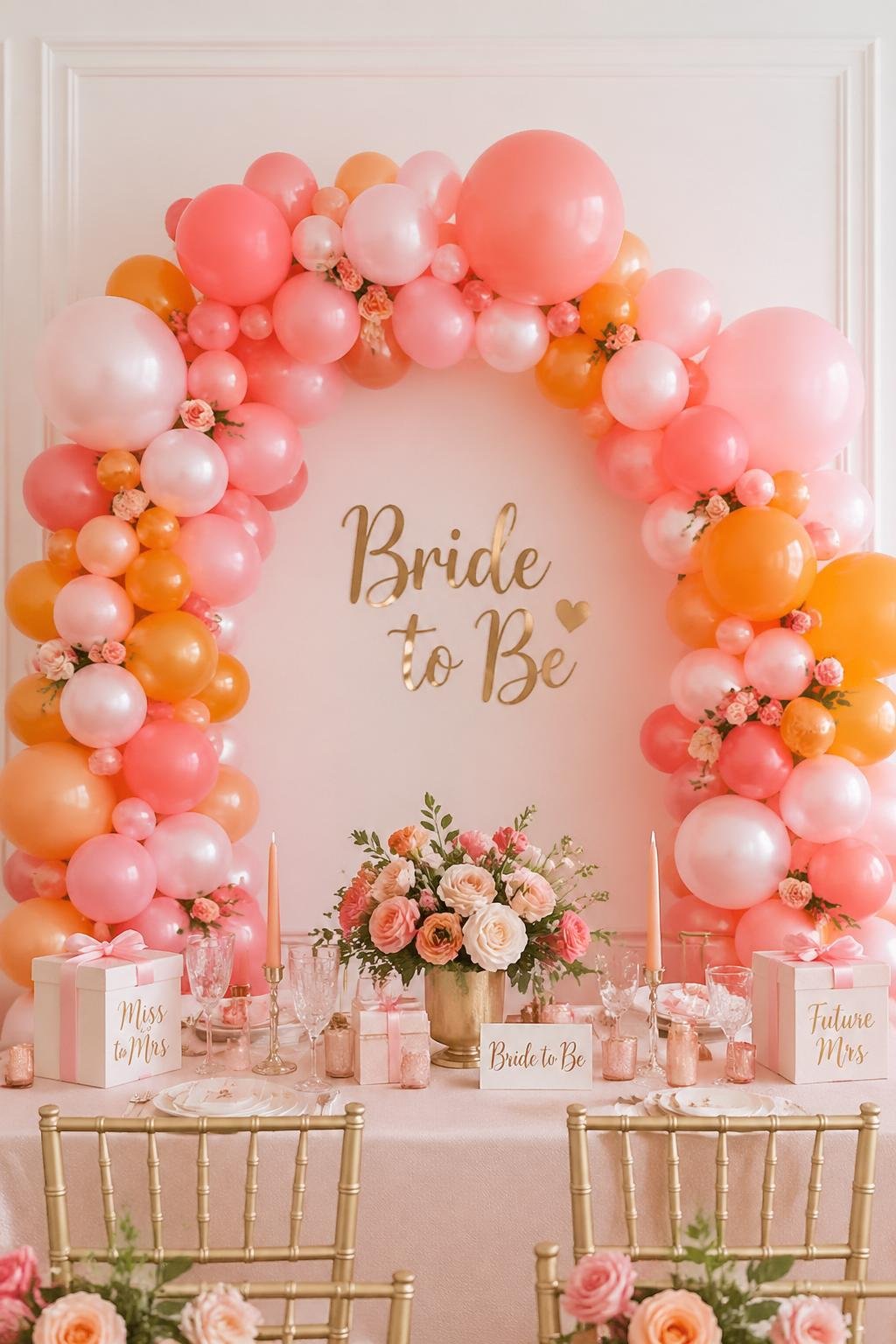A bridal shower scene with a balloon arch made of pink and orange balloons and a decorated table in front.