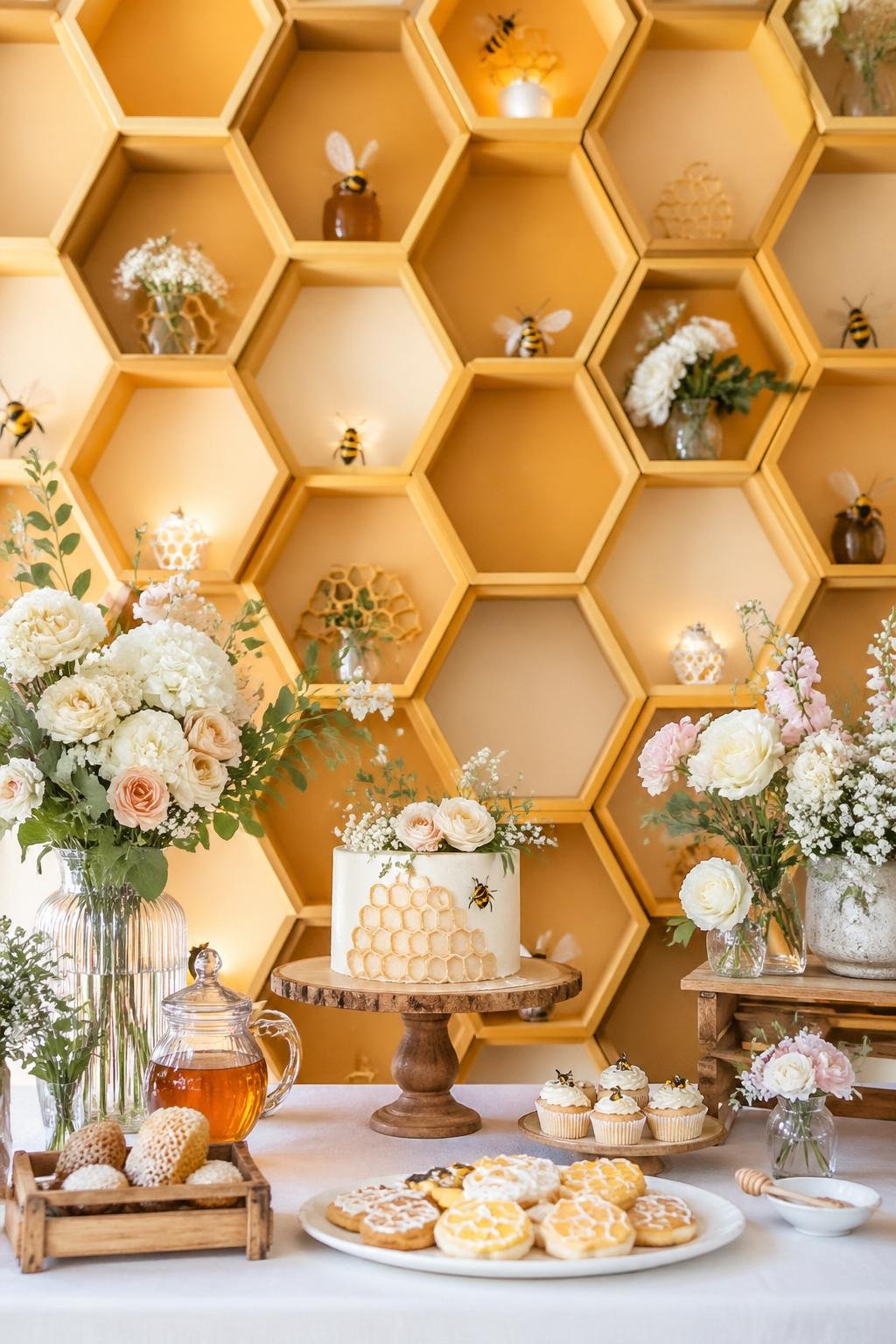 A bridal shower setup with a honeycomb backdrop wall and a decorated table featuring flowers and bee-themed decorations.