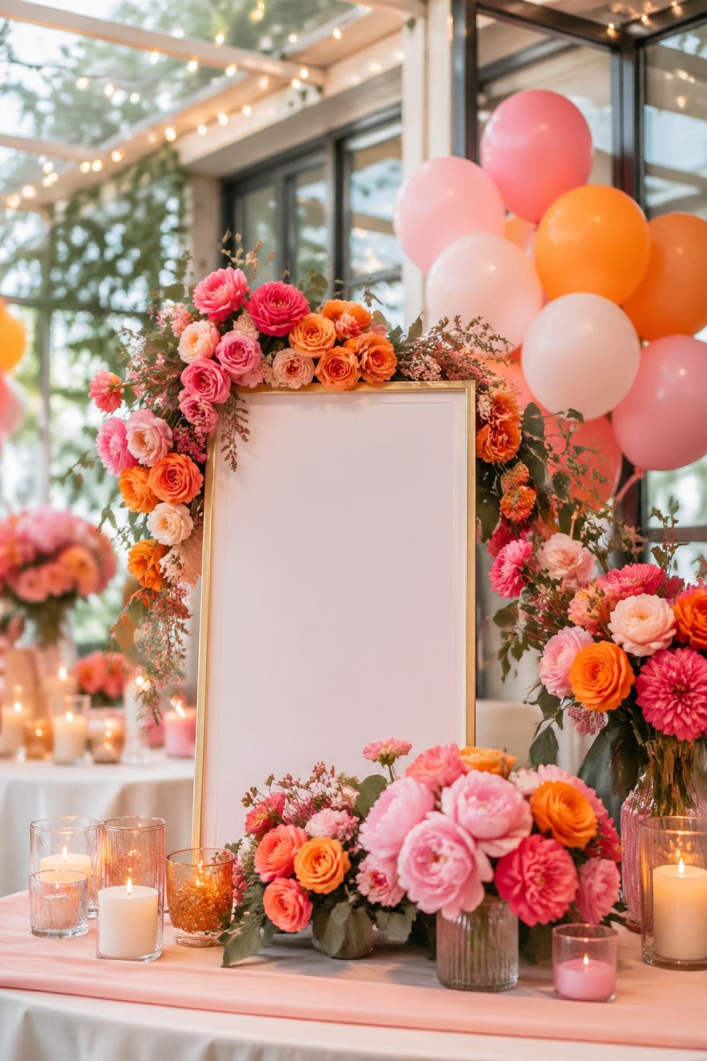 A bridal shower welcome area decorated with pink and orange flowers, balloons, and greenery.
