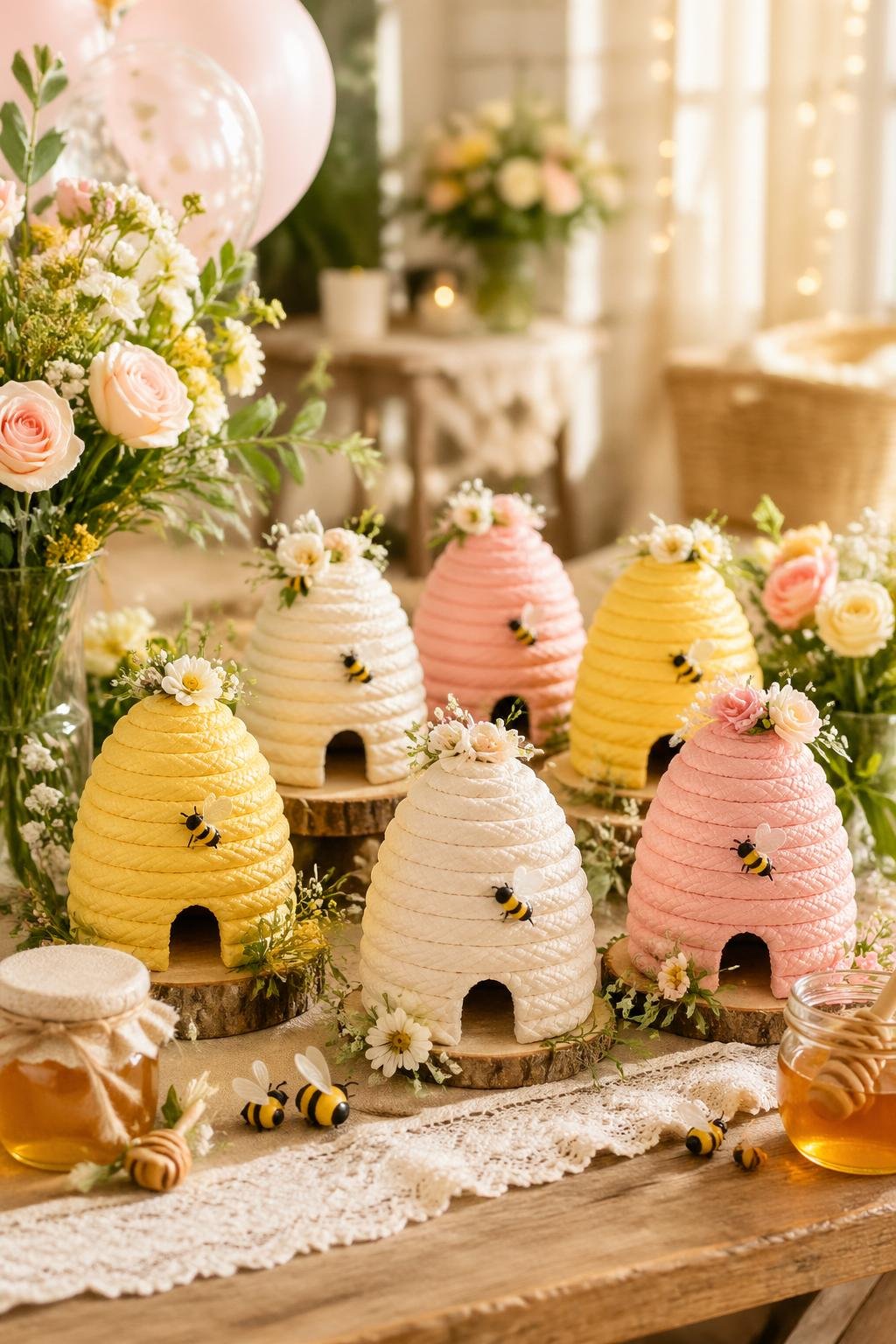 Mini decorative beehives arranged on a wooden table with flowers, honey jars, and bridal shower decorations.