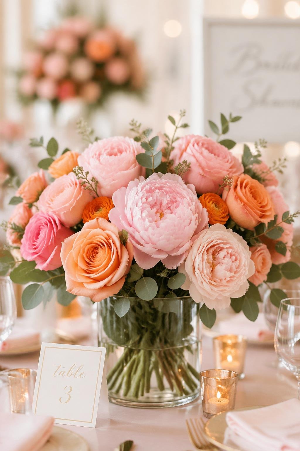 A table with floral centerpieces featuring blush pink and orange roses and peonies.