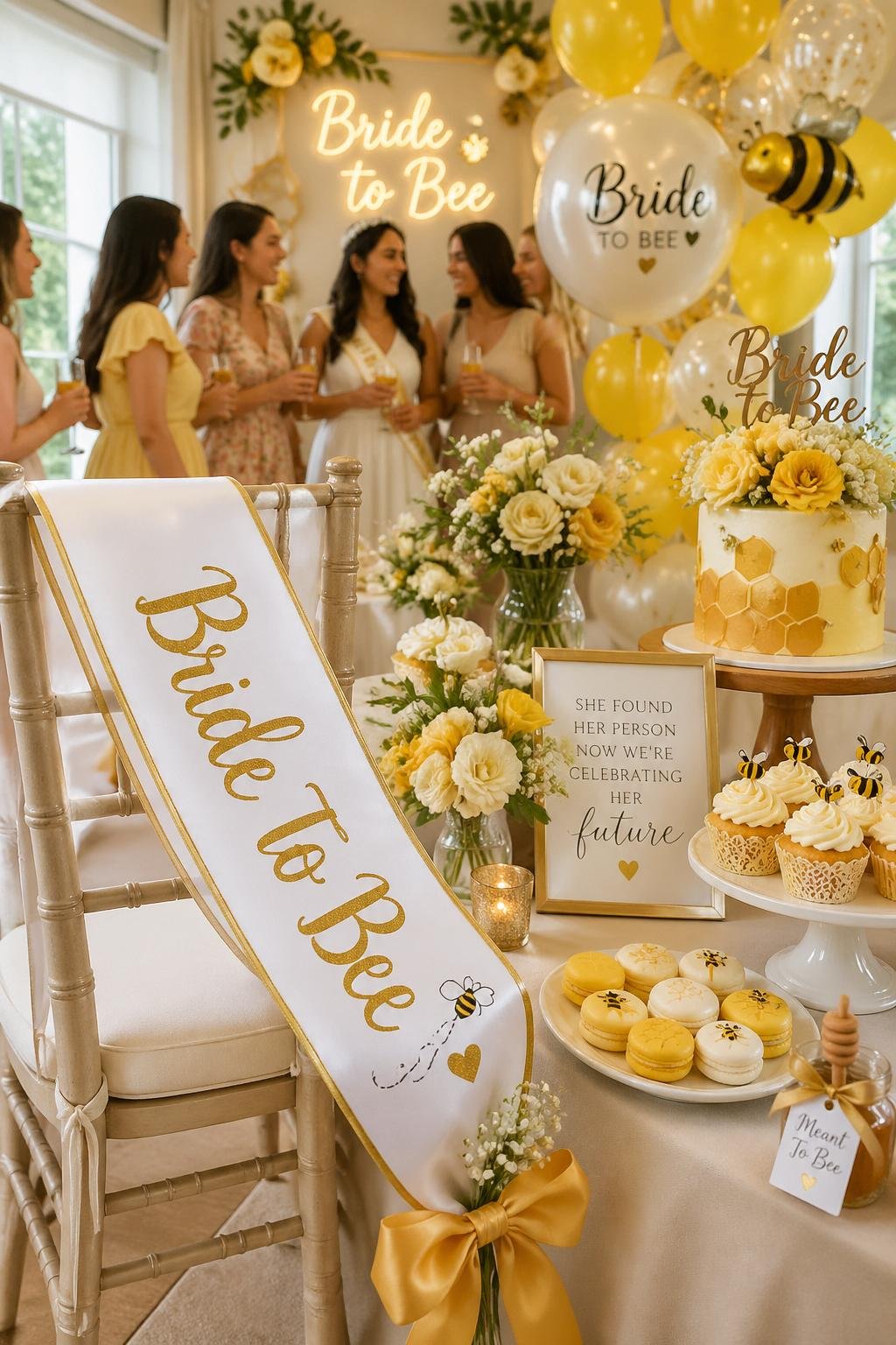 A bridal shower scene with a 'Bride To Bee' sash, pastel decorations, and guests celebrating in a bright room.