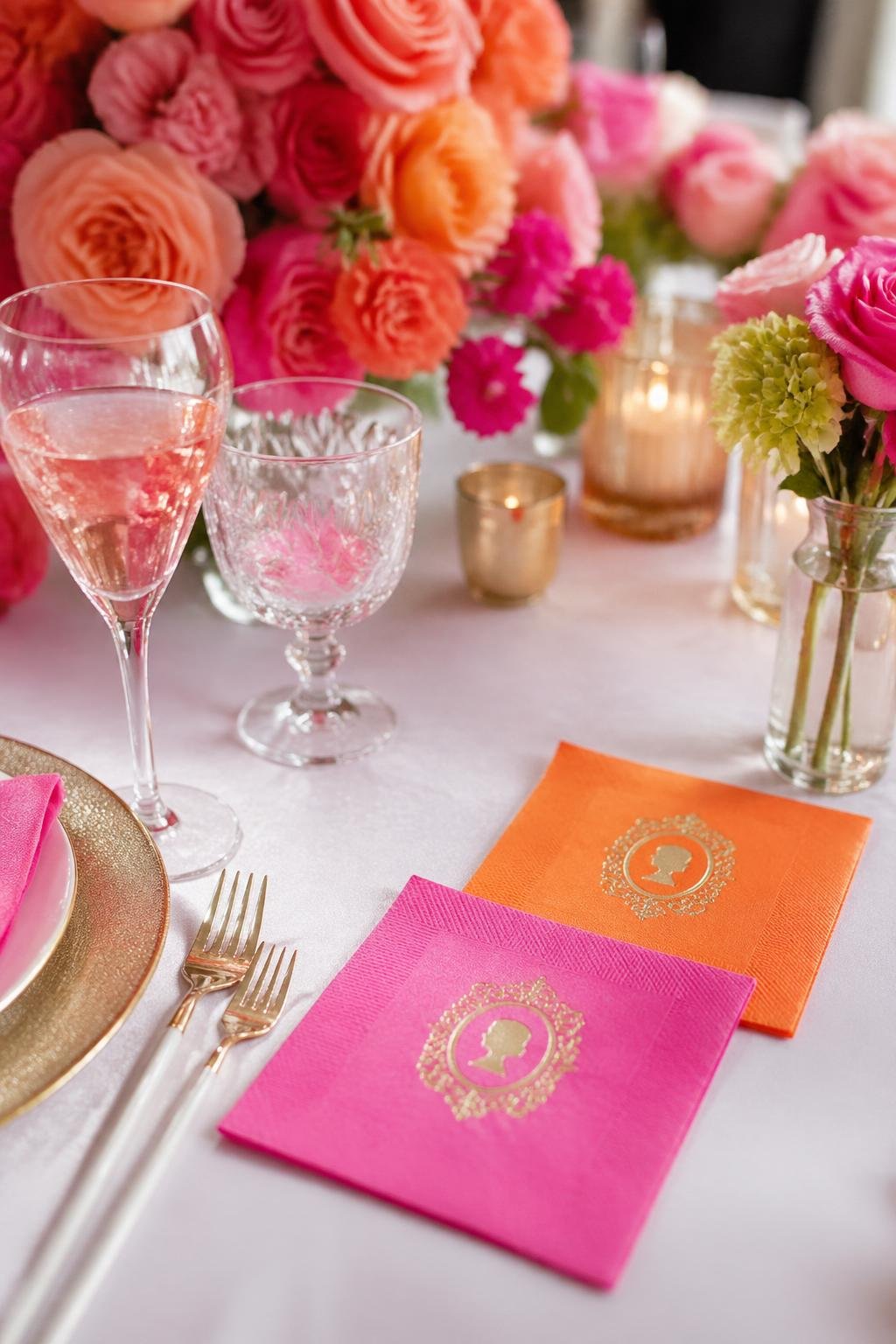 A bridal shower table with pink and orange cocktail napkins, glassware, and matching floral decorations.