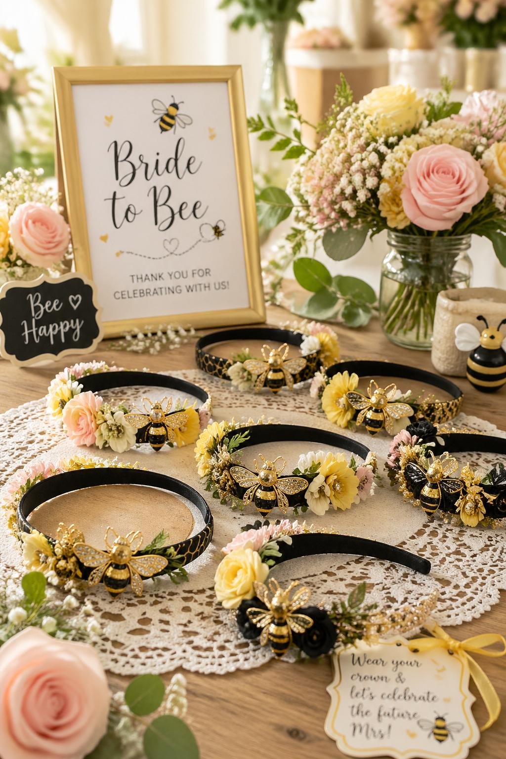 Bee-themed headbands arranged on a wooden table surrounded by flowers and bridal shower decorations.