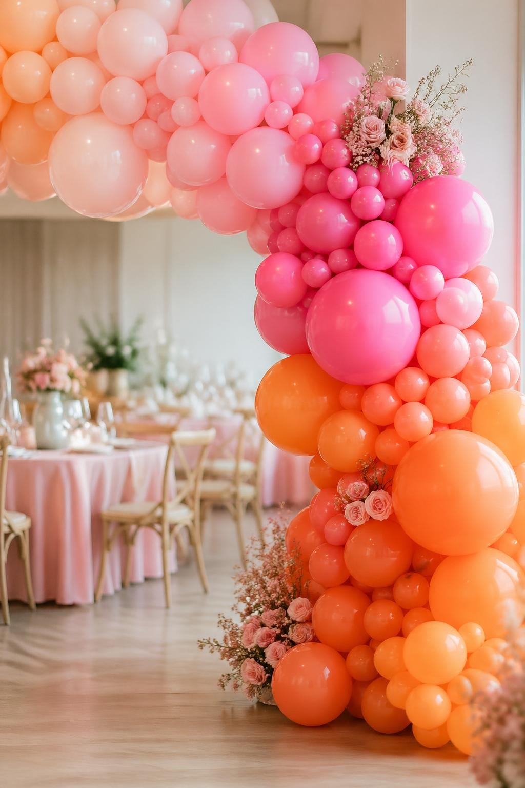 A colorful balloon garland with pink and orange balloons arranged as decoration for a bridal shower.
