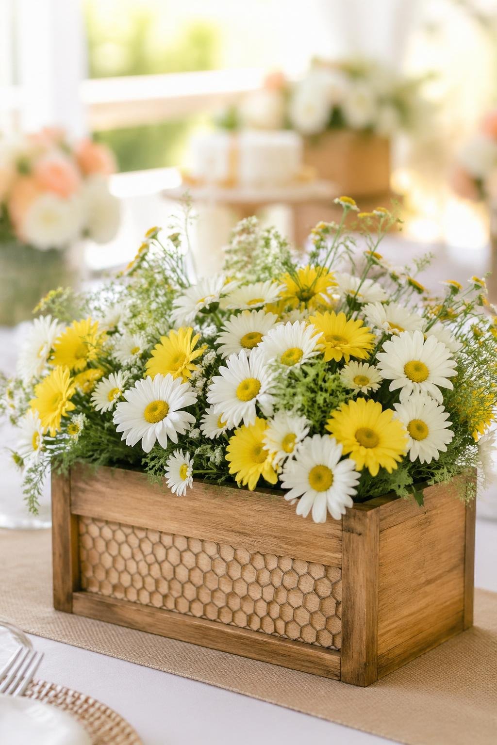 Yellow and white daisies arranged in rustic wooden boxes on a table with soft natural lighting.