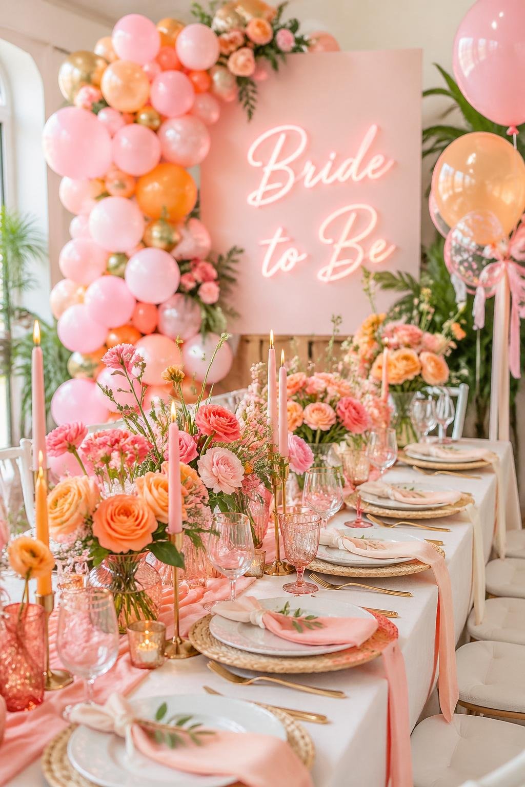 A bridal shower table decorated with pink and orange flowers, balloons, and candles in a bright, festive setting.