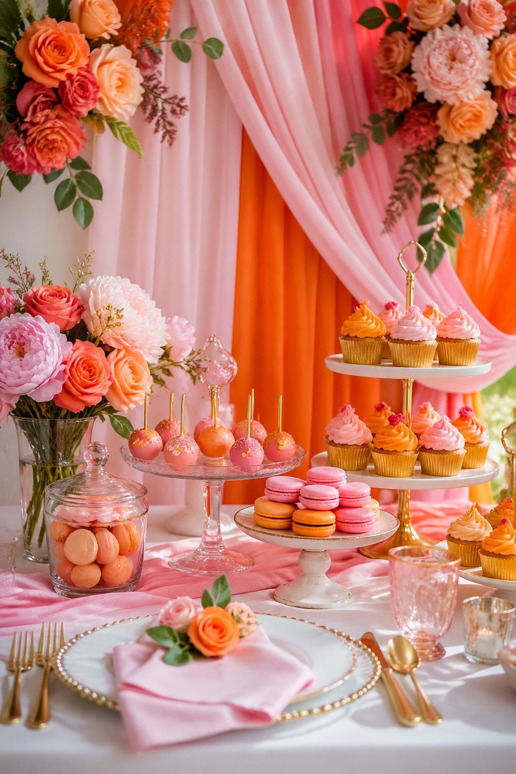 A dessert table decorated with pink and orange desserts and floral arrangements, set against a matching pink and orange fabric backdrop.