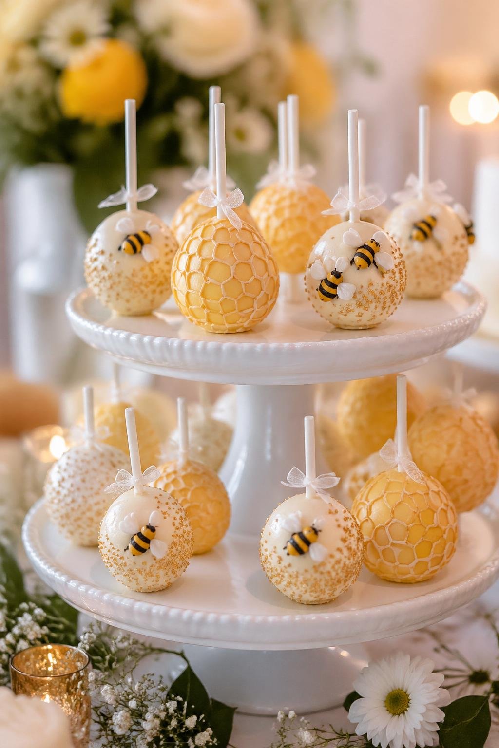 A dessert display featuring honeycomb cake pops decorated with bee-themed accents arranged on a tiered stand surrounded by flowers and greenery.